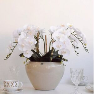 Arranjo com Seis Orquideas Brancas Artificiais Toque Real no Vaso Vitoria Off White