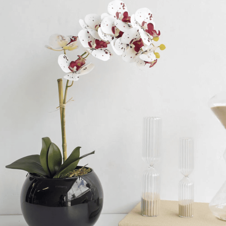 Arranjo de Flor Orquídea Artificial Tigre de Silicone no Vaso de Vidro Preto M | Distribuidor Das Flores