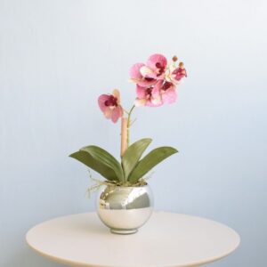 Arranjo de Orquídea Artificial Rosa no Vaso Prateado P