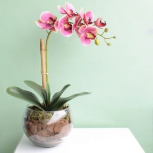 Arranjo de Orquídea Artificial Rosa no Vaso Vidro M | Distribuidor Das Flores