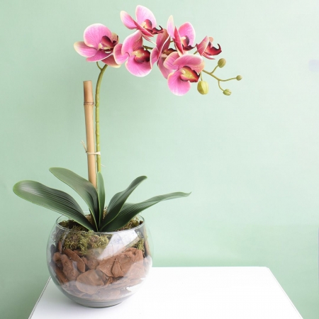 Arranjo de Orquídea Artificial Rosa no Vaso Vidro M | Distribuidor Das Flores