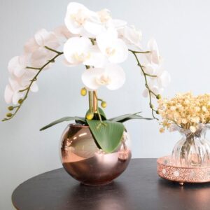 Arranjo de Orquídeas Artificiais Brancas no Vaso Rose Gold | Distribuidor Das Flores