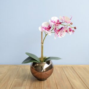 Arranjo Orquídea Artificial Tigre no Vaso Vidro Bronze | Distribuidor Das Flores