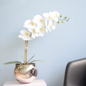 Arranjo Orquídea Silicone Branca no Vaso Vidro Espelhado Rose Gold M