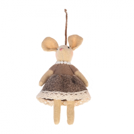 Enfeite de Natal Rata de Pelúcia com Colar de Pérolas e Vestido Marrom 18cm | Natal Distribuidor Das Flores