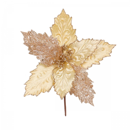 Flor de Natal Poinsettia Champagne com Pétalas de Veludo e Glitter 30cm | Natal Encantado na Distribuidor Das Flores