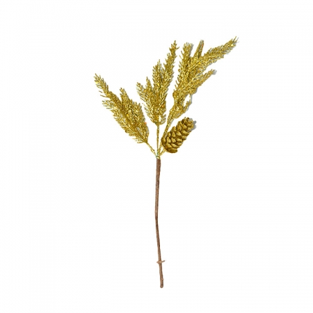 Galho Natalino com Folhas e Pinha Dourado com Glitter 40cm | Natal Encantado Distribuidor Das Flores