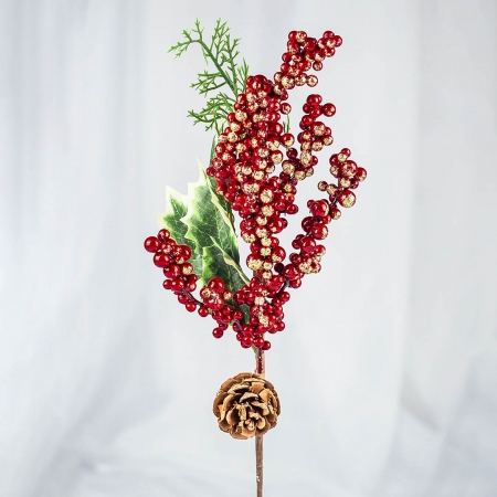 Haste Natalina com Berries Vermelhas, Pinhas e Folhagens 43cm | Natal Encantado Distribuidor Das Flores